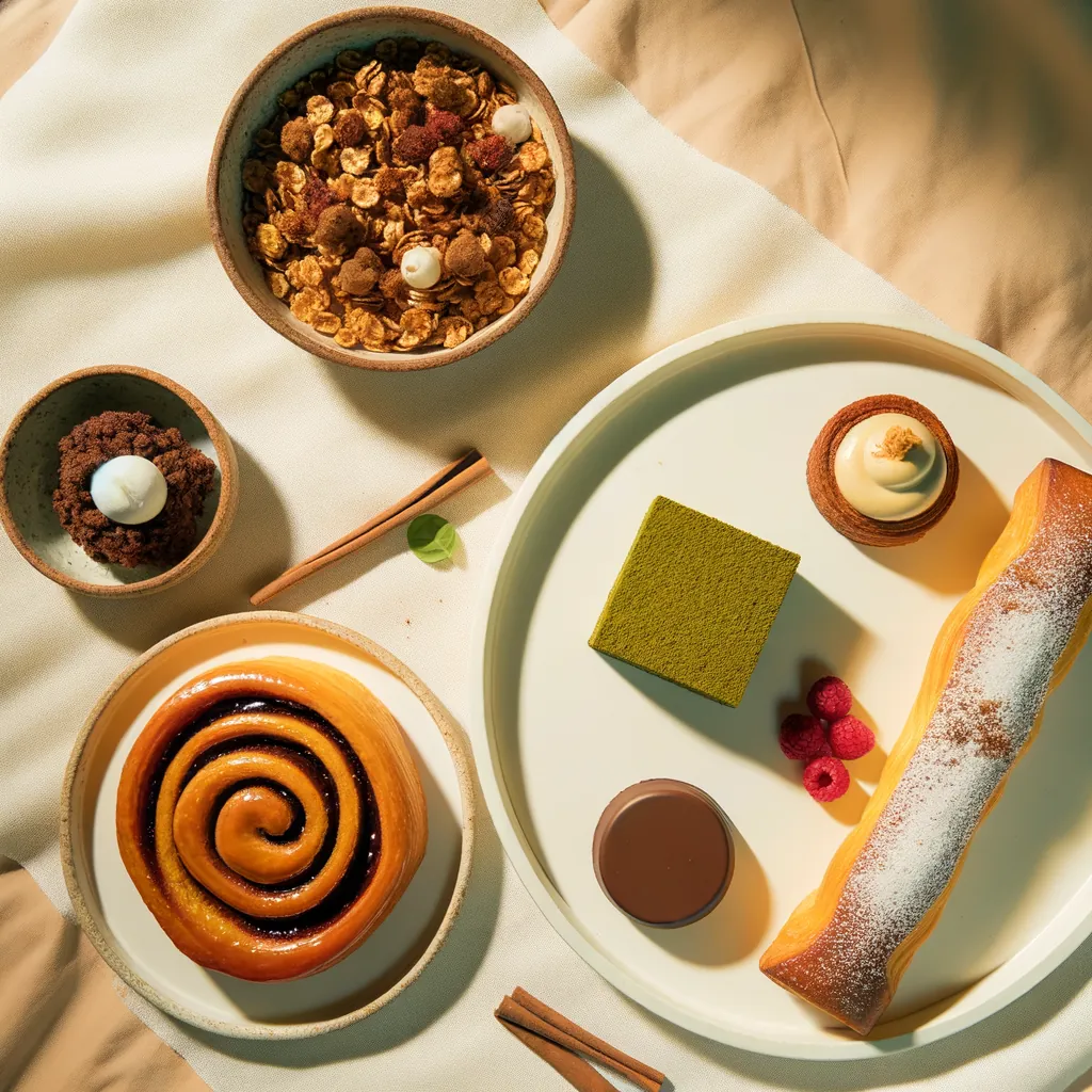 Cinnamon roll, fondant chocolat, granola bowl, cake matcha — brunch LÜM Vieux-Lille